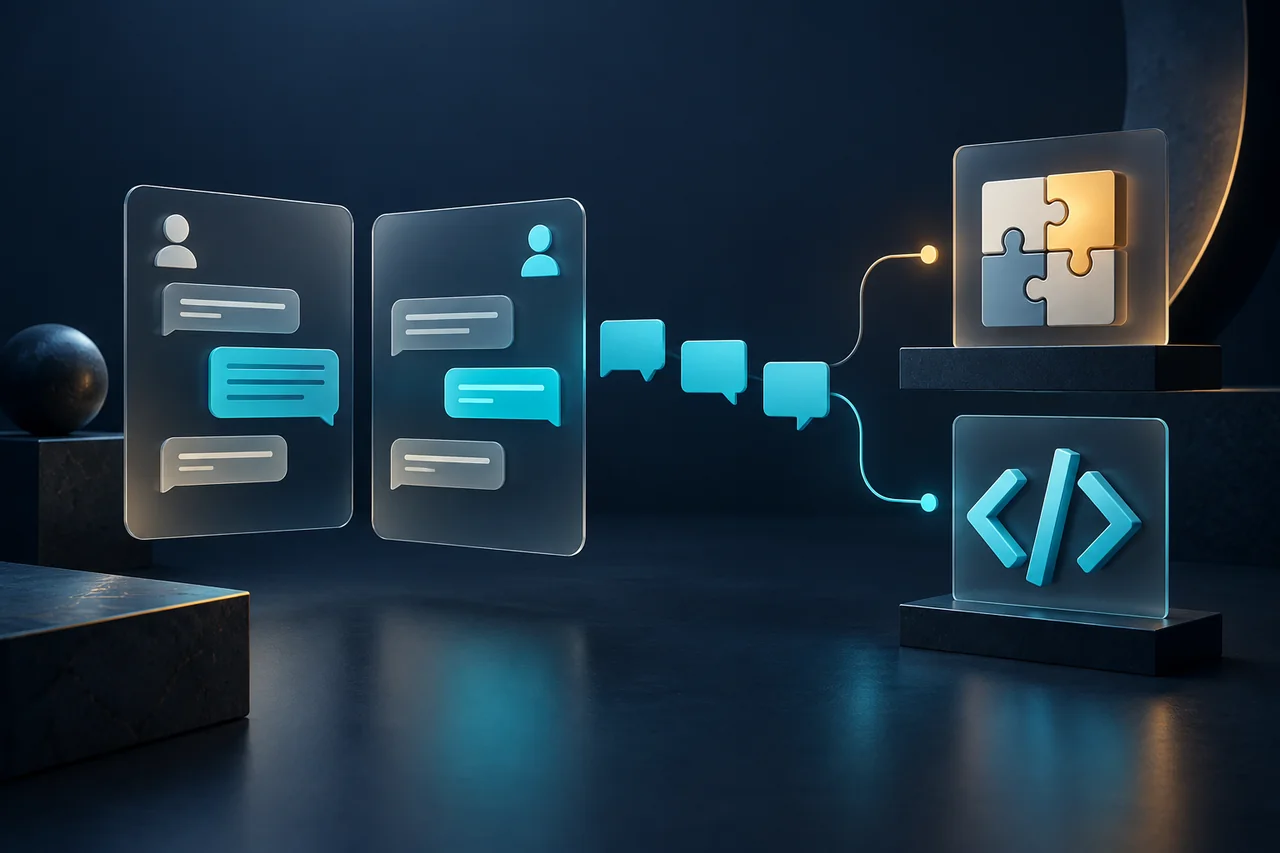 Concept illustration of a conversation branching into aptitude and programming assessment paths.