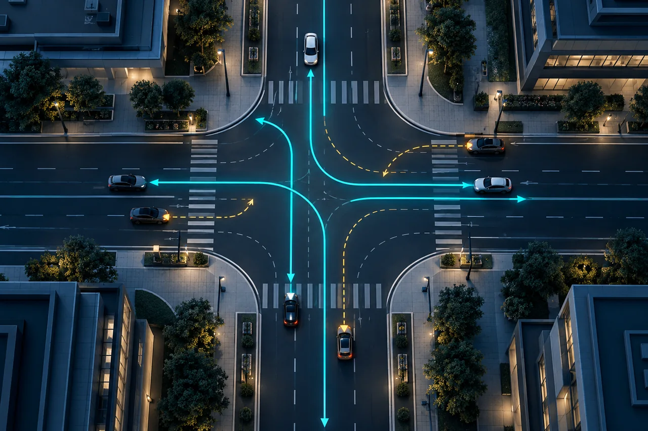 Concept illustration of vehicle trajectories through a four-way road intersection.