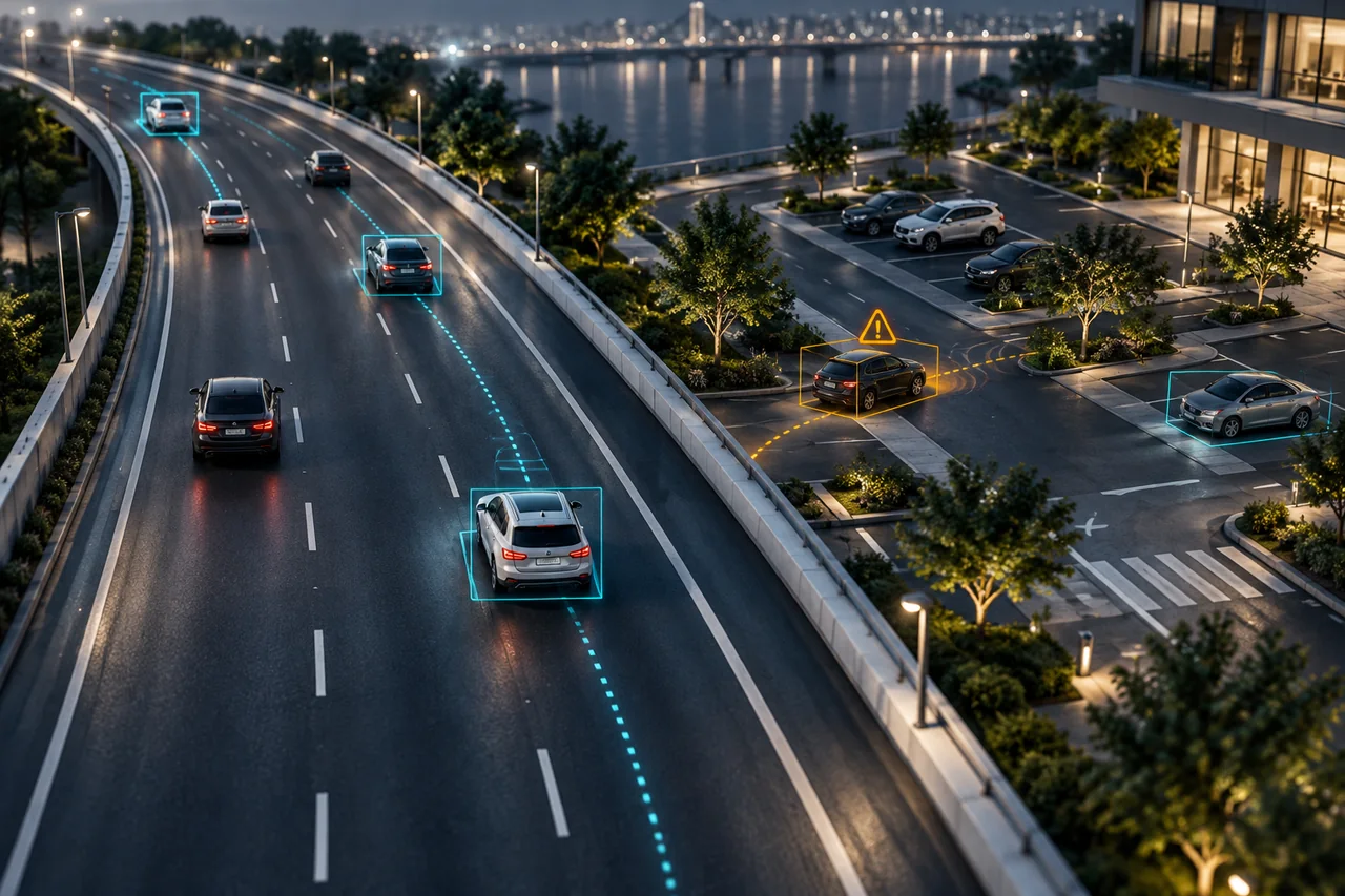 Concept illustration of vehicle tracking and parking analysis, with detection outlines over a miniature roadway.
